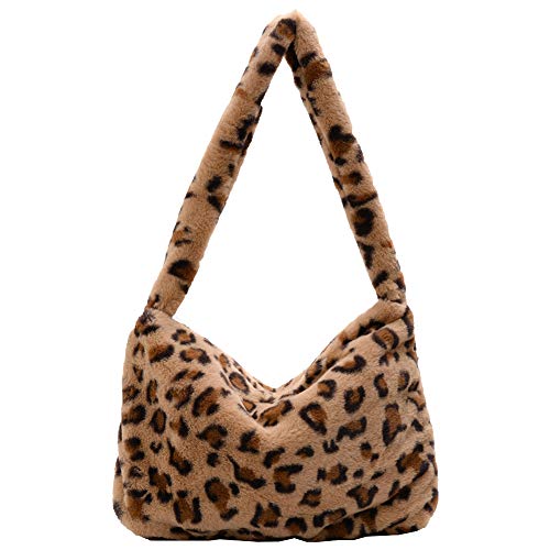 holygloomy Plüsch Handtasche, modische Pelzige-Umhängetasche, flauschige Plüschhandtaschen mit großem Fassungsvermögen, lässige Taschen weibliche Einkaufstasche, Hellbrauner Leopard von holygloomy