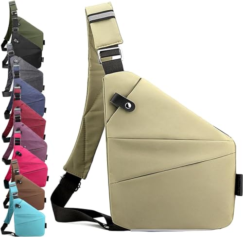 hunpre diebstahlsichere tasche damen Herren sicherheitstasche umhängetasche diebstahlsichere reisetasche Brusttasche aus leicht einfach und mit großem Fassungsver 250g (Khaki, Rechte Schulter) von hunpre