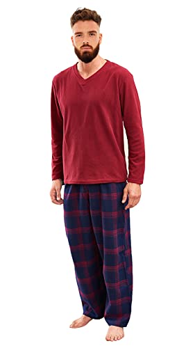 i-Smalls Herren Warm Winter Pyjama Set Gebürstete Gerippte Baumwolle Top Karierte Hose, Newquay Red, L von i-Smalls