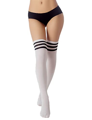 iB-iP Damen Navy Streifen Sport Fußball Stil Halterlose Oberschenkel Hohe Lange Socken, Größe: Einheitsgröße, Weiß & Schwarz von iB-iP