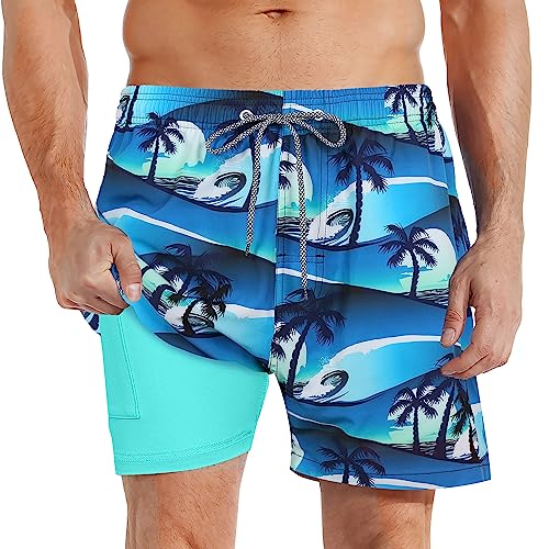 iCKER Badehose Herren Kompression Liner 2 in 1 Badeshorts Board Shorts Schnelltrocknend Strand Beach Shorts,Blau STK211,XL von iCKER