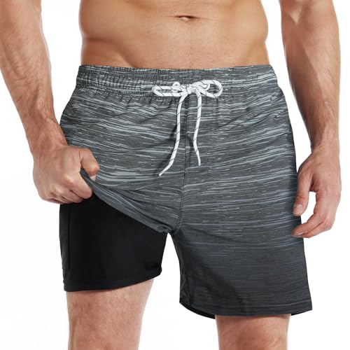 iCKER Badehose Herren Kompression Liner 2 in 1 Badeshorts Board Shorts Schnelltrocknend Strand Beach Shorts,Grau STK270,3XL von iCKER