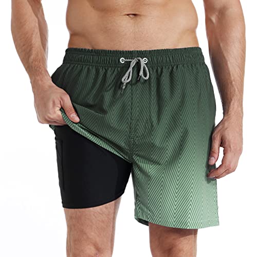 iCKER Badehose Herren Kompression Liner 2 in 1 Badeshorts Board Shorts Schnelltrocknend Strand Beach Shorts,Militärgrün,L von iCKER