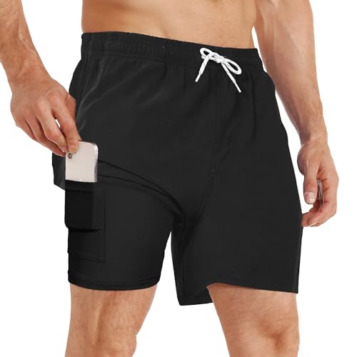 iCKER Badehose Herren Kompression Liner 2 in 1 Badeshorts Board Shorts Schnelltrocknend Strand Beach Shorts,Schwarz STK199,L von iCKER