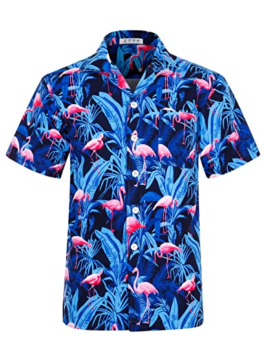 iCKER Hawaiihemd Herren Strandhemd Kurzarmhemd 3D-Gedrucktes Hemd Freizeithemd Sommerhemd Normale Passform, Blau Flamingo, M von iCKER