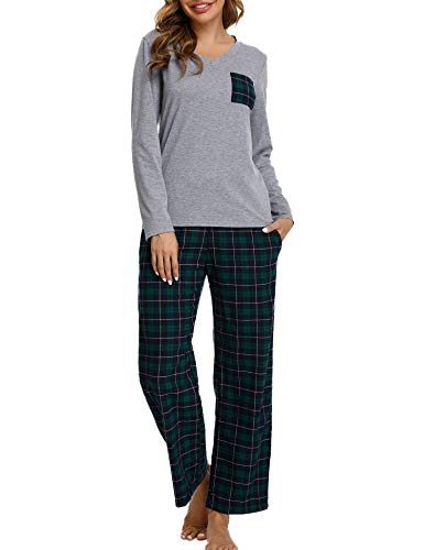 iClosam Schlafanzug Damen Lang Pyjama Set Winter Baumwolle V-Ausschnitt Zweiteiliger Nachtwäsche Langarm Sleepwear und Karierte Pyjamahose Loungewear Freizeitanzug von iClosam