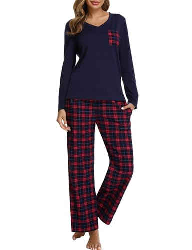 iClosam Schlafanzug Damen Lang Pyjama Set Winter Baumwolle V-Ausschnitt Zweiteiliger Nachtwäsche Langarm Sleepwear und Karierte Pyjamahose Loungewear Freizeitanzug von iClosam