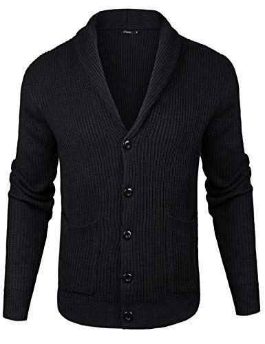 iClosam Herren Strickjacke Mit Schalkragen Pullover V Ausschnitt Strick Langarm Revers Hals Strickmantel mit Taschen, Schwarz, M von iClosam