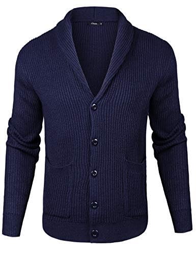 iClosam Herren Strickjacke Mit Schalkragen Pullover V Ausschnitt Strick Langarm Revers Hals Strickmantel mit Taschen, Blau, S von iClosam