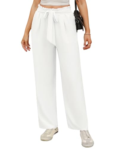 iClosam Hose Damen Weites Bein Locker Weite Hose Damen High Waist Sommerhose Damen Leicht Plissee Hose Damen Anzughose Damen Weites Bein Damenhose mit Weitem Bein Weiß-S von iClosam