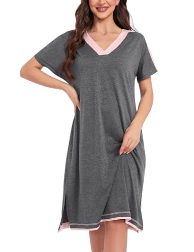 iClosam Nachthemd Damen Lange Nachthemden Kurzarm Pyjama Kurz mit V-Ausschnitt Kontrastfarbe Schlafshirt Schlafanzug Bequeme Sleepshirt Sleepwear mit Taschen S-XXL von iClosam