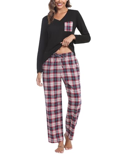 iClosam Pyjama Damen Lang Schlafanzug Set Winter Baumwolle V-Ausschnitt Zweiteiliger Pyjamas Langarm Sleepwear und Karierte Pyjamahose Hausanzug Freizeitanzug von iClosam