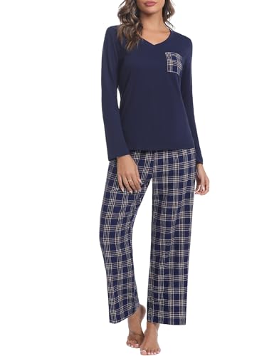 iClosam Pyjama Damen Lang Schlafanzug Set Winter Baumwolle V-Ausschnitt Zweiteiliger Pyjamas Langarm Sleepwear und Karierte Pyjamahose Hausanzug Freizeitanzug von iClosam