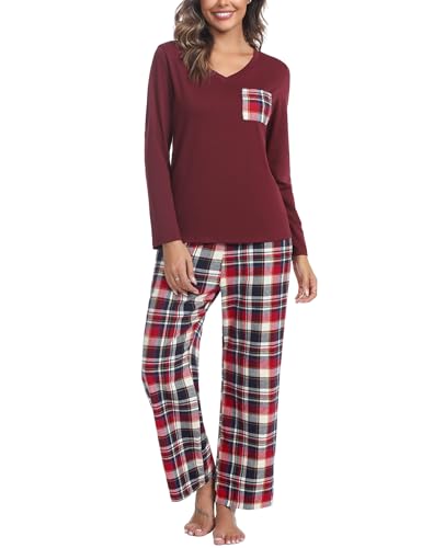 iClosam Pyjama Damen Lang Schlafanzug Set Winter Baumwolle V-Ausschnitt Zweiteiliger Pyjamas Langarm Sleepwear und Karierte Pyjamahose Hausanzug Freizeitanzug von iClosam