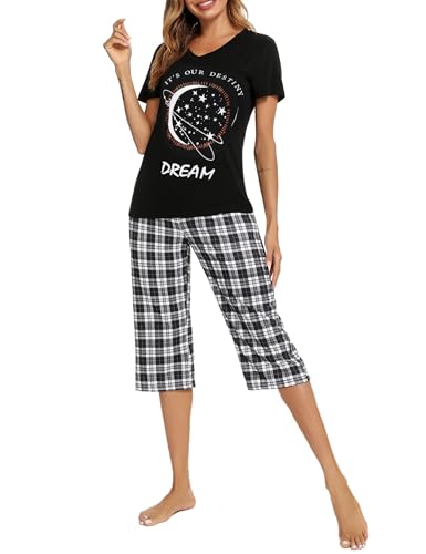 iClosam Schlafanzug Damen Kurzarm Pyjama Kurz Sommer Baumwolle Zweiteiliger Nachtwäsche Set Karierte Kurzer Loungewear V-Ausschnitt Nachthemd Kurzärmeliges Hausanzug Sleepwear von iClosam