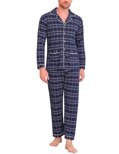 iClosam Schlafanzug Herren Lang Pyjamas Set Baumwolle Schlafanzüge Männer Zweiteiliger mit Knöpfen Langarm Kariert Nachtwäsche Herren V-Ausschnitt Men Loungewear Winter L von iClosam