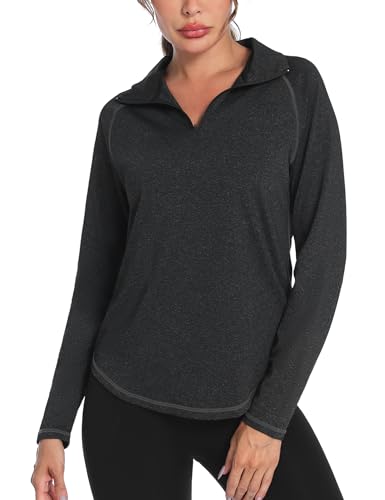 iClosam Sport Langarmshirt Damen Schnelltrocknend Sportshirt Langarm Damen 1/4 Reißverschluss Sport Oberteile Damen Longsleeve Stehkragen Funktionsshirt Skipullover Damen Schwarz-XL von iClosam