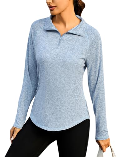 iClosam Sportshirt Damen Langarm 1/4 Reißverschluss Sport Shirt Damen Fitness Sport Langarmshirt Damen Stehkragen Funktionsshirt Damen Schnelltrocknend für Gym Yoga Wandern Blau-M von iClosam