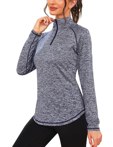 iClosam Sportshirt Damen Langarm 1/4 Reißverschluss Sport Shirt Damen Fitness Sport Langarmshirt Damen Stehkragen Funktionsshirt Damen Schnelltrocknend für Gym Yoga Wandern Navy blau-M von iClosam