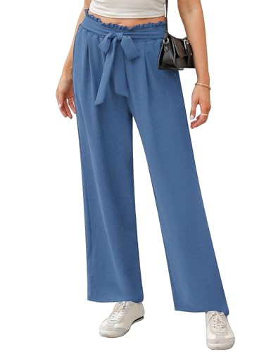 iClosam Weite Hose Damen Elegant Breite Hosen Damen High Waist Hose Weites Bein Damen Sommer Hose Damen Lang Hose Damen Weites Bein mit Taschen und Bund Blau-L von iClosam