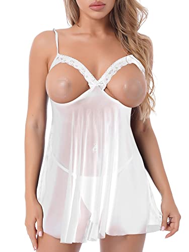 iEFiEL Damen Kleider Babydoll Brusftrei Lingerie Mesh Nachtkleid Nachtwäsche Dessous Set Sleepwear Dress Reizwäsche Negligee mit G-String Weiß M von iEFiEL