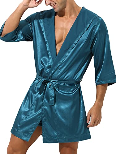 iEFiEL Herren Satin Bademantel mit Kapuze und Gürtel Pyjamas Morgenmantel Nachtwäsche Einfarbig Robe Teal XL von iEFiEL