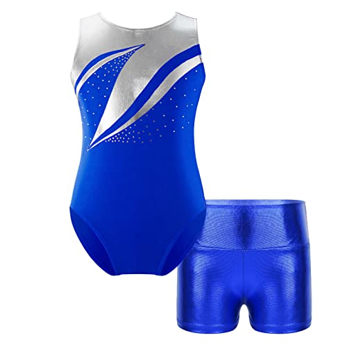 iEFiEL 2 Stück Mädchen Metallic Turnanzug Ärmellose Gymnastikanzug mit Shorts Ballett Trikot Ballettkleidung Wettkampf Tanzkostüm W Royal Blau 134-140 von iEFiEL