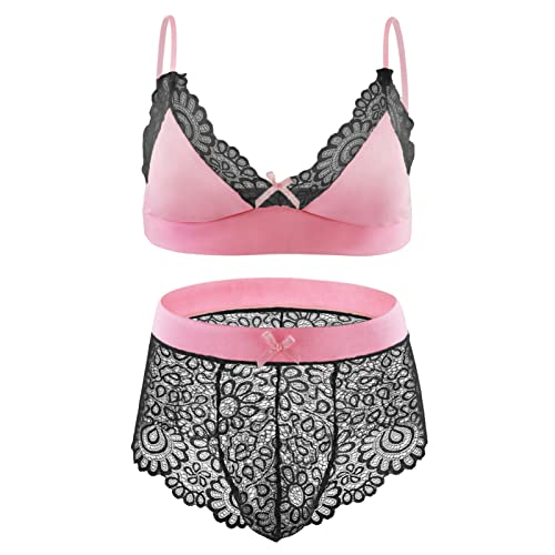 iEFiEL 2PCS Herren Sissy Dessous Sets Transparent Lingerie Neckholder BH + String Jockstrap mit Spitze Rüschen Unterwäsche Reizwäsche T Schwarz + Rosa M von iEFiEL