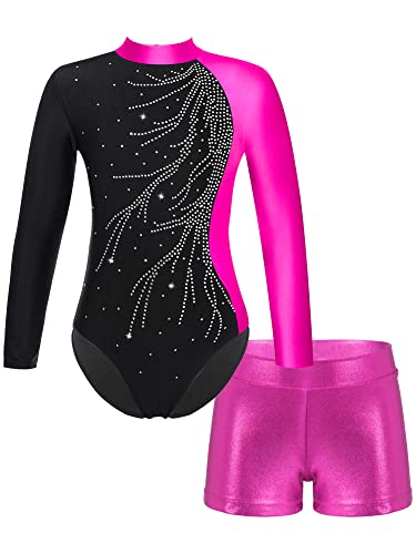 iEFiEL 2PCS Mädchen Glitzer Turnanzug Leotard mit Strasssteine Gymnastik Anzug Langarm Ballett Trikot Kleidung Tanzkostüm Set Ue Rose 122-128 von iEFiEL