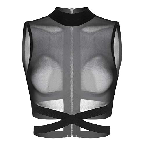 iEFiEL Damen Ärmelloses Shirt Transparent Tüll Mesh Bluse Body T-Shirt Tunika Tops Wetlook Clubwear Bikini Oberteil S-4XL Schwarz 3XL von iEFiEL