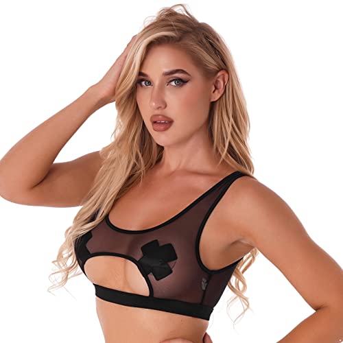 iEFiEL Damen Ärmelloses Shirt Transparent Tüll Mesh Bluse Body T-Shirt Tunika Tops Wetlook Clubwear Bikini Oberteil S-4XL Schwarz Cut Out 3XL von iEFiEL