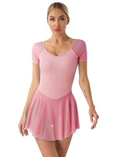 iEFiEL Damen Ballettkleid Kurzarm Ballettanzug Patchwork Ballettkleidung Basic Tanzkleid Rückenfrei Ballett Trikot Wickelrock Rosa XXL von iEFiEL