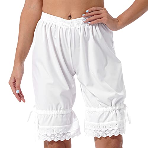 iEFiEL Damen Bloomers Vintage Rüschen Shorts Schlafanzughose mit Blumenspitze Viktorianische Prinzessin Kostüm Pumphose Kurze Shorts Spitze Weiß XL von iEFiEL