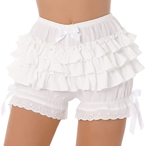 iEFiEL Damen Bloomers Vintage Rüschen Shorts Schlafanzughose mit Blumenspitze Viktorianische Prinzessin Kostüm Pumphose Kurze Shorts Xa Weiß L von iEFiEL