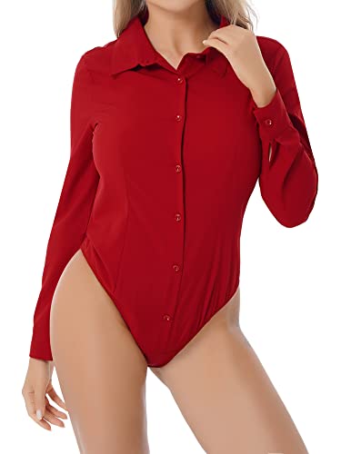 iEFiEL Damen Body Langarm Hemd-Body V-Ausschnitt Bluse Business Bodybluse Hemdbluse Stringbody Unterwäsche X Weinrot XXL von iEFiEL