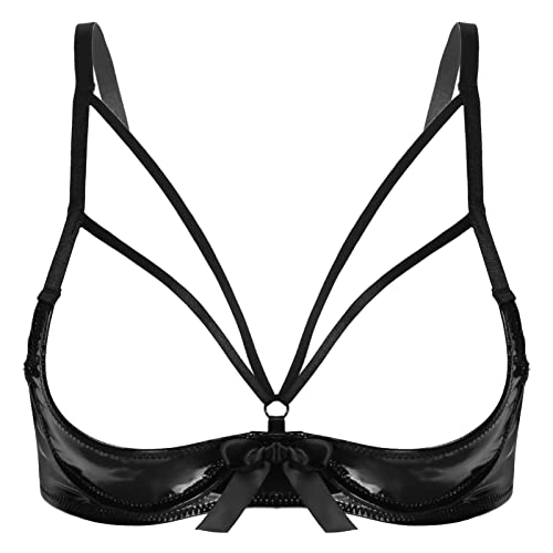 iEFiEL Damen Crop Top Neckholder Wetlook Brustfrei BH Weste Tank Tops Kurze Leder Schulterfrei Shirt Bikini Oberteil Clubwear Gogo Schwarz G L von iEFiEL