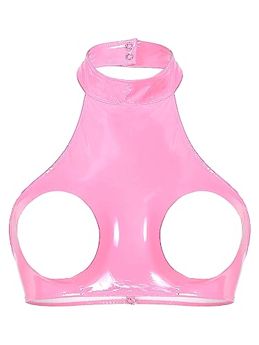 iEFiEL Damen Crop Top Neckholder Wetlook Brustfrei BH Weste Tank Tops Kurze Leder Schulterfrei Shirt Bikini Oberteil Clubwear Gogo Stil Rosa 3XL von iEFiEL