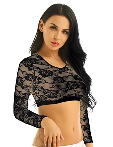 iEFiEL Damen Crop Top Spitzen Bauchfrei T-Shirt Langarm Sexy Bluse Tunika Mesh Dessous durchsichtig Bikini Oberteil Schwarz 3XL von iEFiEL