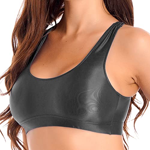 iEFiEL Damen Glänzend Crop Top Nylon Stretch Sport BH Push Up mit Racerback Bikini Oberteile Öl Reizwäsche Fitness Yoga Bra Unterwäsche Schwarz L von iEFiEL