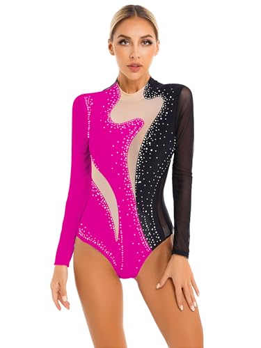 iEFiEL Damen Glitzer Turnanzug Mit Strass Tanzbody Einteiler Tanzanzug Sportlich Leotard Ballett Trikotanzug Wettbewerb Tanzkostüm Schwarz + Rose S von iEFiEL