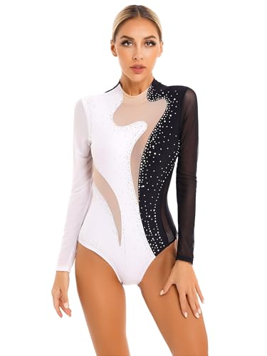 iEFiEL Damen Glitzer Turnanzug Mit Strass Tanzbody Einteiler Tanzanzug Sportlich Leotard Ballett Trikotanzug Wettbewerb Tanzkostüm Schwarz + Weiß M von iEFiEL