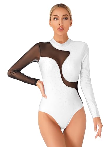 iEFiEL Damen Patchwork Turnanzug Glitzer Tanzbody Ballett Trikotanzug Langarm Leotard Gymnastikanzug Einteiler Tanzanzug Weiß Langarm L von iEFiEL