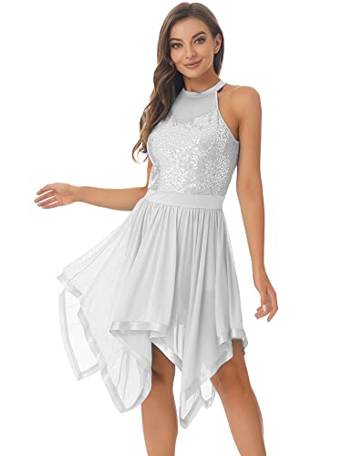 iEFiEL Damen Glitzer Ballettkleid Pailletten Ballettkleidung Ballett Trikot Swing Kleid Latein Tanzkleid mit Unregelmäßig Rock Leotards Trikot Kleider Xa Weiß XL von iEFiEL