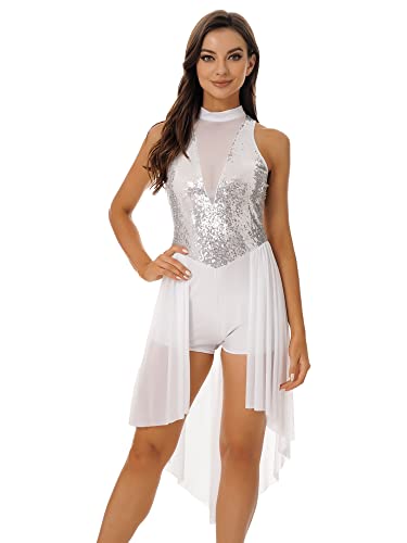 iEFiEL Damen Glitzer Ballettkleid Pailletten Ballettkleidung Ballett Trikot Swing Kleid Latein Tanzkleid mit Unregelmäßig Rock Leotards Trikot Kleider X Weiß L von iEFiEL