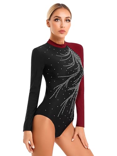 iEFiEL Damen Zweifarbig Turnanzug Langarm Tanzbody Mit Strass Ballett Trikotanzug Gym Leotard Eiskunstlauf Anzug Tanzkostüm Burgundy M von iEFiEL