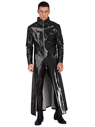 iEFiEL Damen Herren Ledermantel Matrix Kostüm Wetlook Jacke Lang Lederjacke Trenchcoat Lackleder Glänzende Umhang Langarm Schwarz XXL von iEFiEL