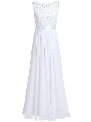 iEFiEL Damen Kleid Festliche Kleider Brautjungfer Hochzeit Cocktailkleid Chiffon Faltenrock Elegant Langes Abendkleid Partykleid Weiß 36-38 von iEFiEL