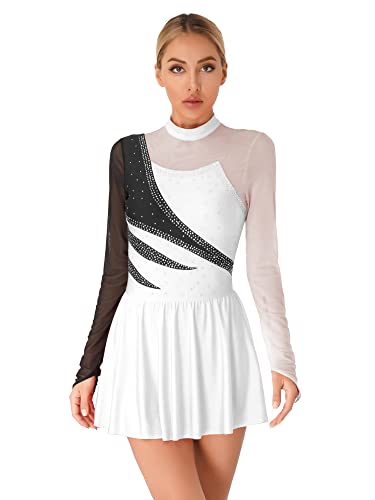 iEFiEL Damen Langarm Ballettkleid Eiskunstlauf Kleid mit Glitzer Kristallen Ballettkleidung Gymnastik Leotard Turnanzug Tanzkostüm Zf Weiß M von iEFiEL