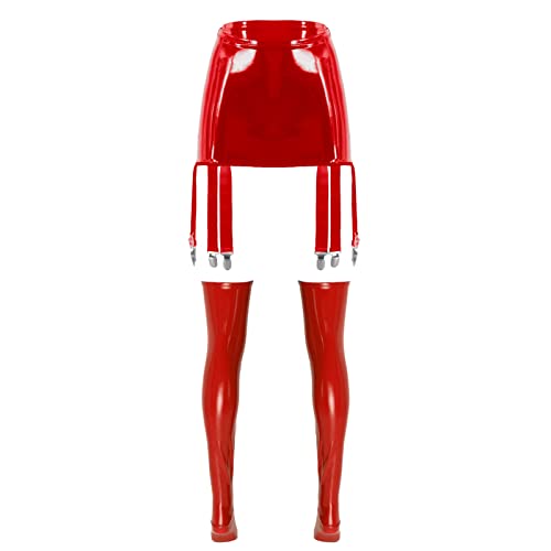 iEFiEL Damen Leder Optik Strumpfgürtel Strapsgürtel Strumpfband Punk Wetlook Gürtel Strapsen Lackleder Minirock Dessous Rot mit Kniestrümpfe XL von iEFiEL