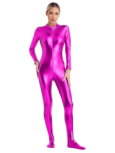 iEFiEL Damen Metallic Body Langarm Ganzkörperanzug Overall Silber Bodysuit Einteiler Jumpsuit Karneval Faschingsksotüm Hot Pink L von iEFiEL